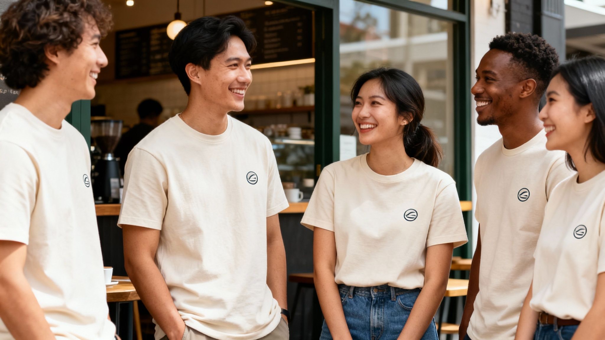 Five diverse young adults happily smiling and wearing matching custom logo t-shirts outside a cafe.