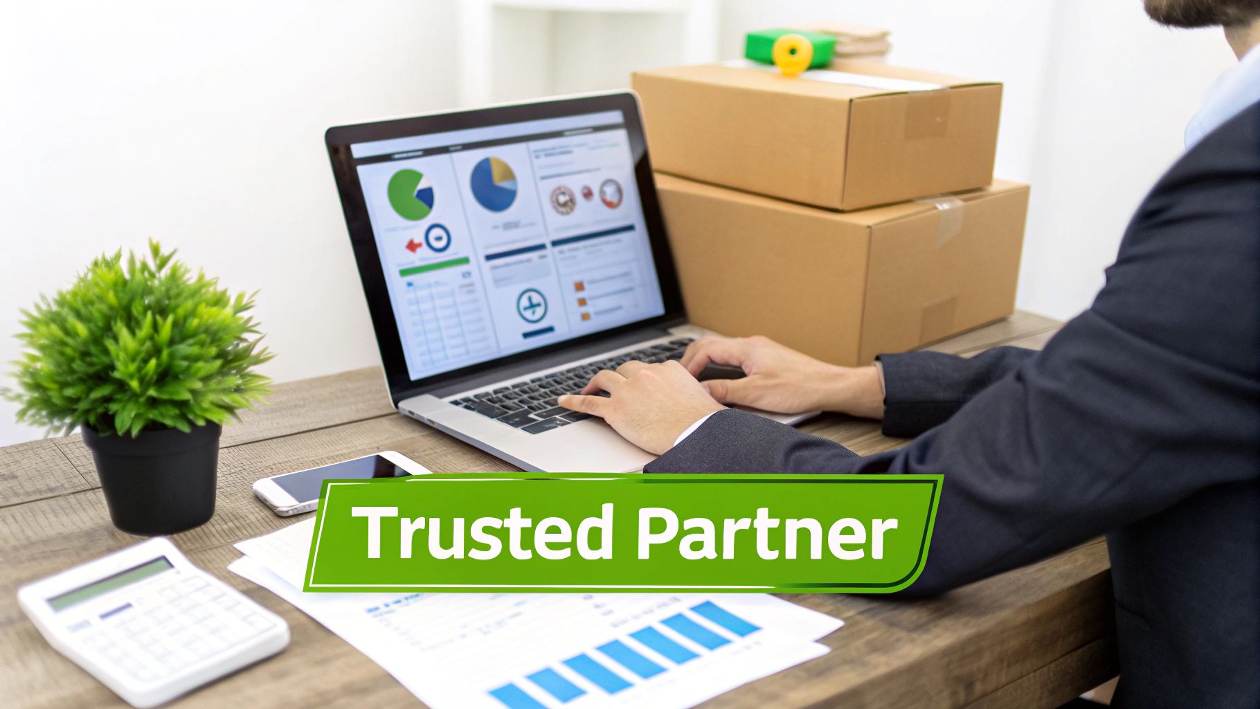 A person works on a laptop with business data, next to shipping boxes, symbolizing a trusted logistics partner.