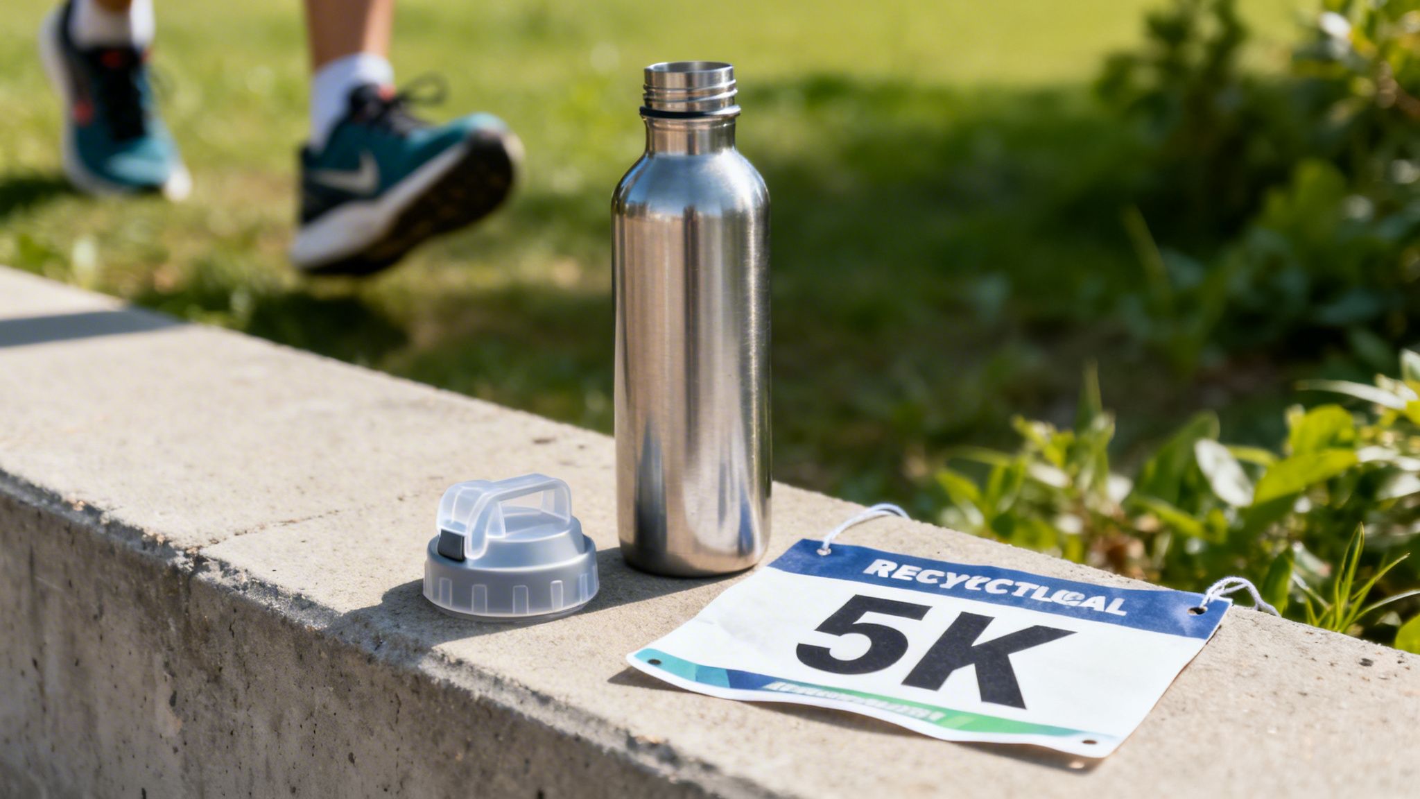 A reusable stainless steel water bottle and a 5K race bib on a concrete ledge after a run.