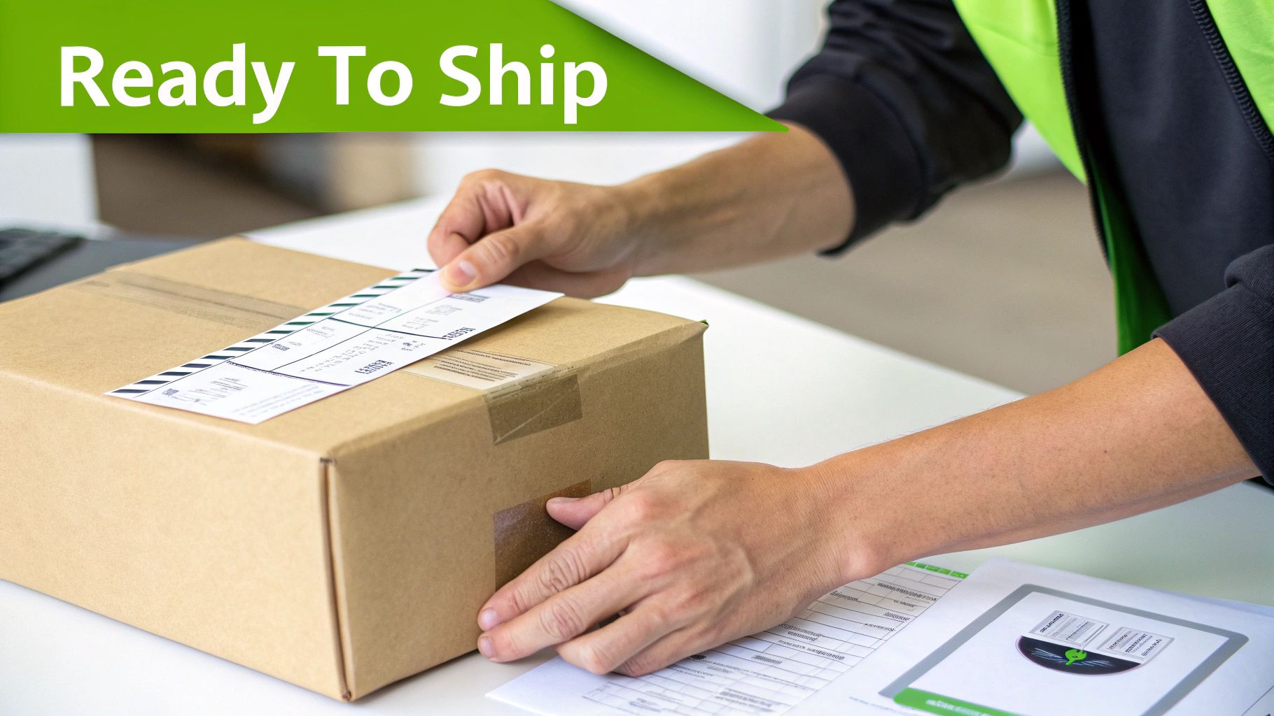 Close-up of hands placing a shipping label on a parcel, indicating it's ready for fast delivery.