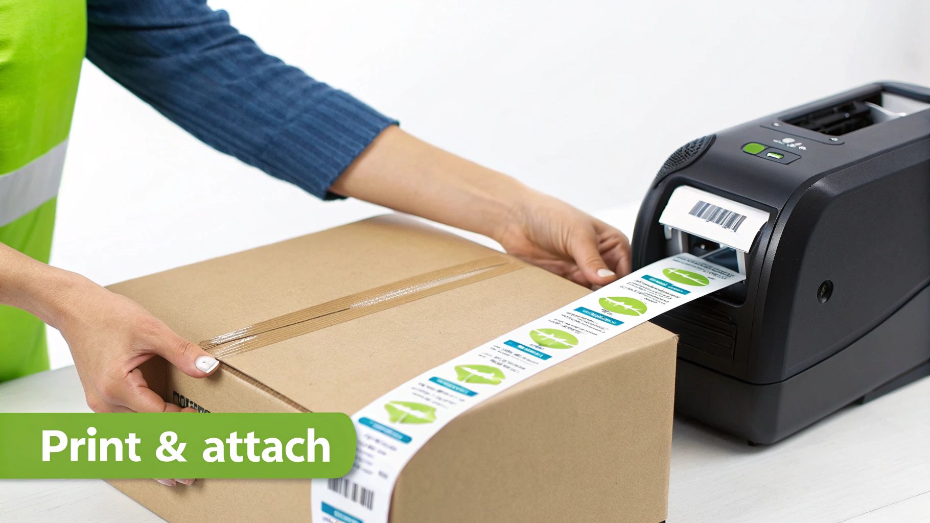 Person in a vest prints and attaches a shipping label to a brown cardboard box from a label printer.