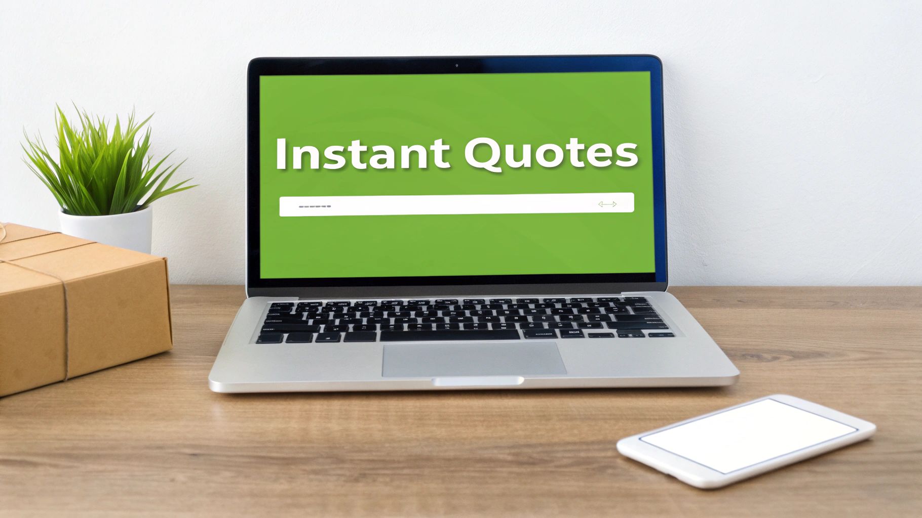 A laptop displaying 'Instant Quotes' and a search bar on a wooden desk with a plant, box, and smartphone.