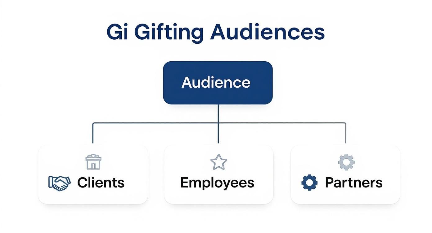 A flowchart showing Gi Gifting Audiences, categorized into Clients, Employees, and Partners.