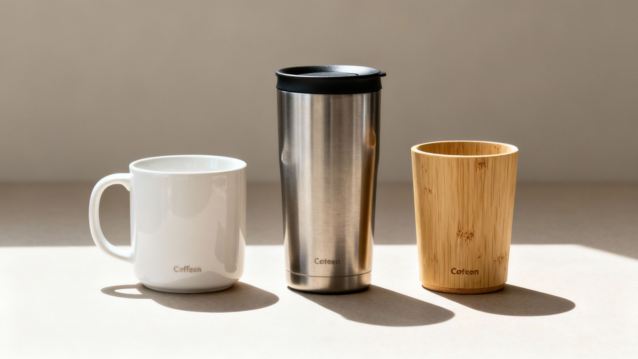 Three drink containers: a white ceramic mug, a stainless steel travel tumbler, and a bamboo cup, all with 'Cofeen' branding, on a light surface.