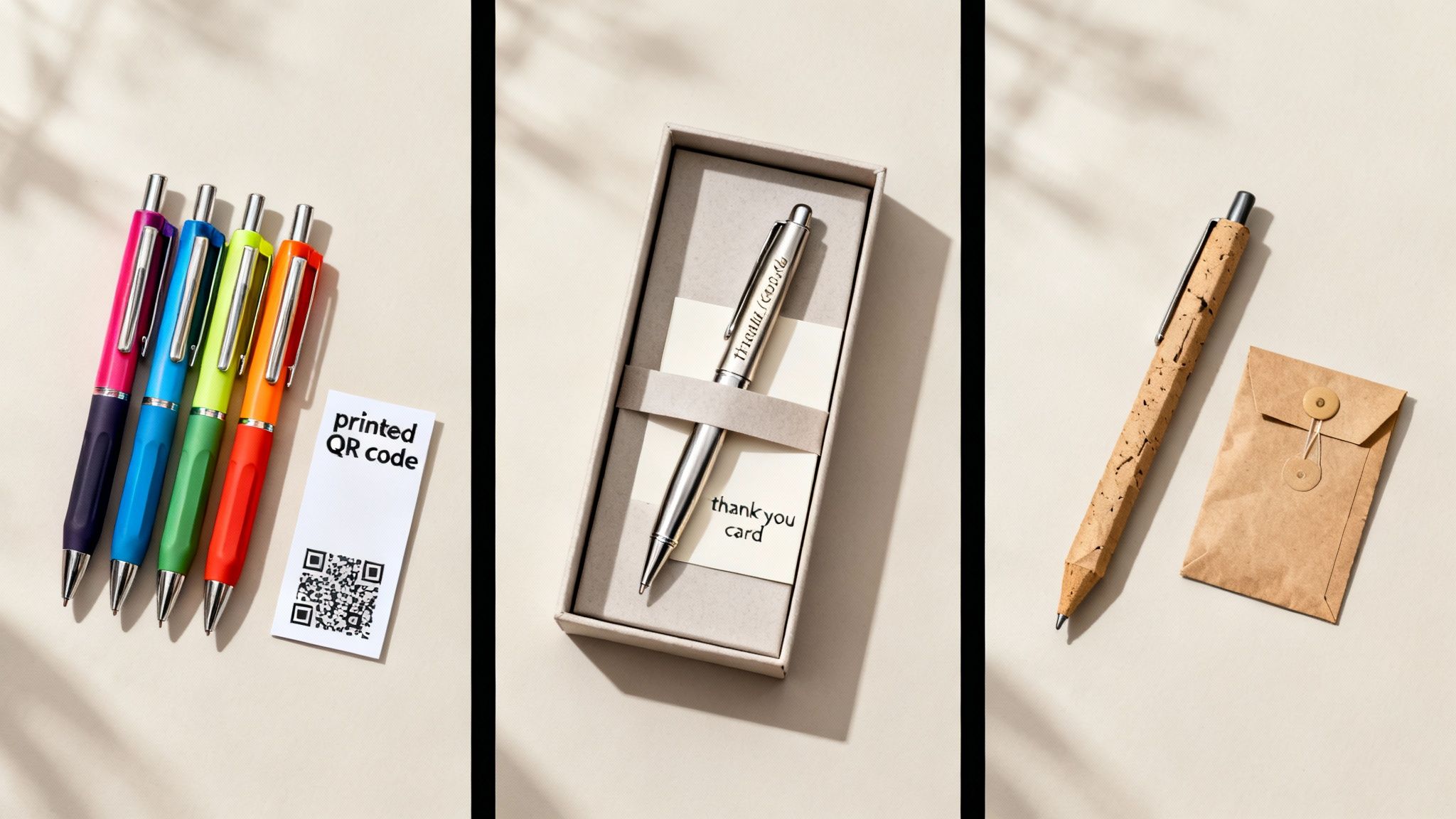 A collection of branded pens, including colorful, engraved metal, and cork pens with QR code and gift packaging.