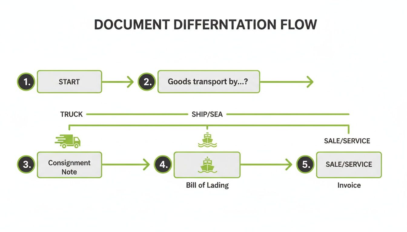 Flowchart showing document differentiation in goods transport (truck, ship/sea) and sale/service.