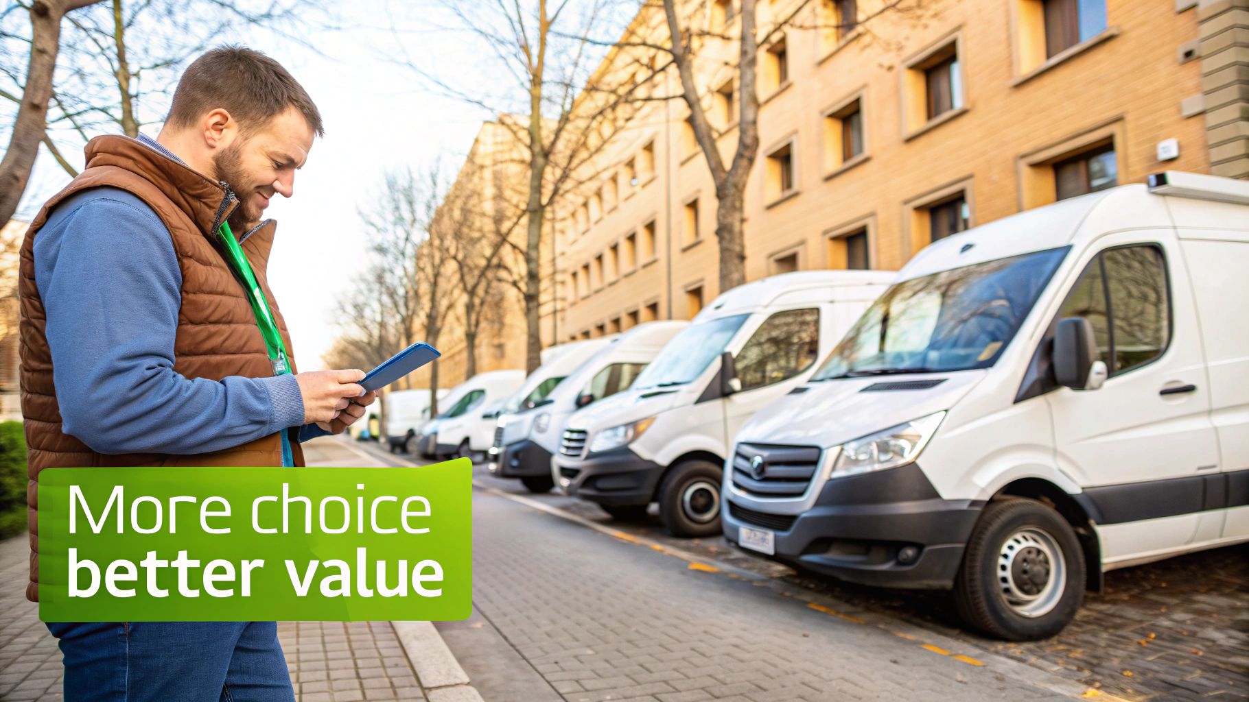 A man in a vest looks at his phone with a line of white delivery vans behind him.