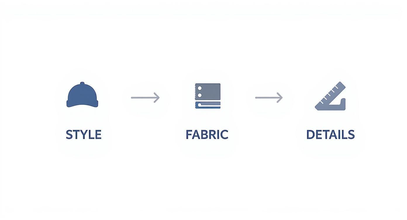 Three step process showing style selection, fabric choice, and details measurement for custom embroidered caps