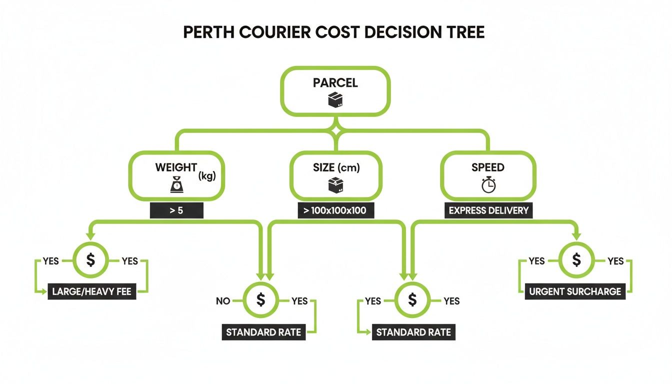 Perth courier cost decision tree showing fees based on parcel weight, size, and delivery speed.