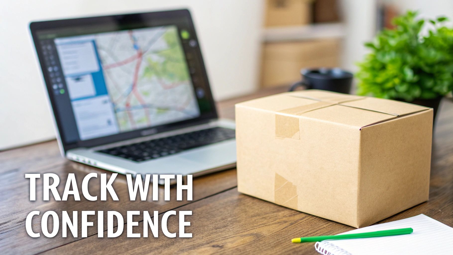 Laptop displaying a map for parcel tracking, a brown box, and a pen on a wooden desk.