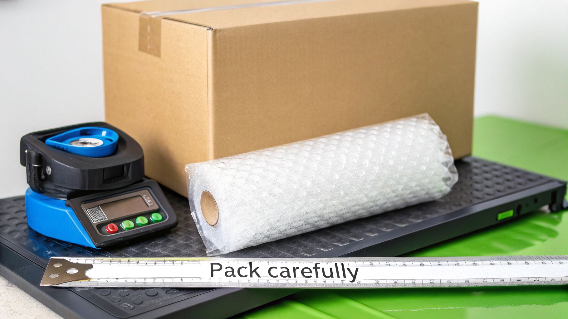 Packing supplies including a cardboard box, bubble wrap, a label printer, and a ruler with 'Pack carefully'.
