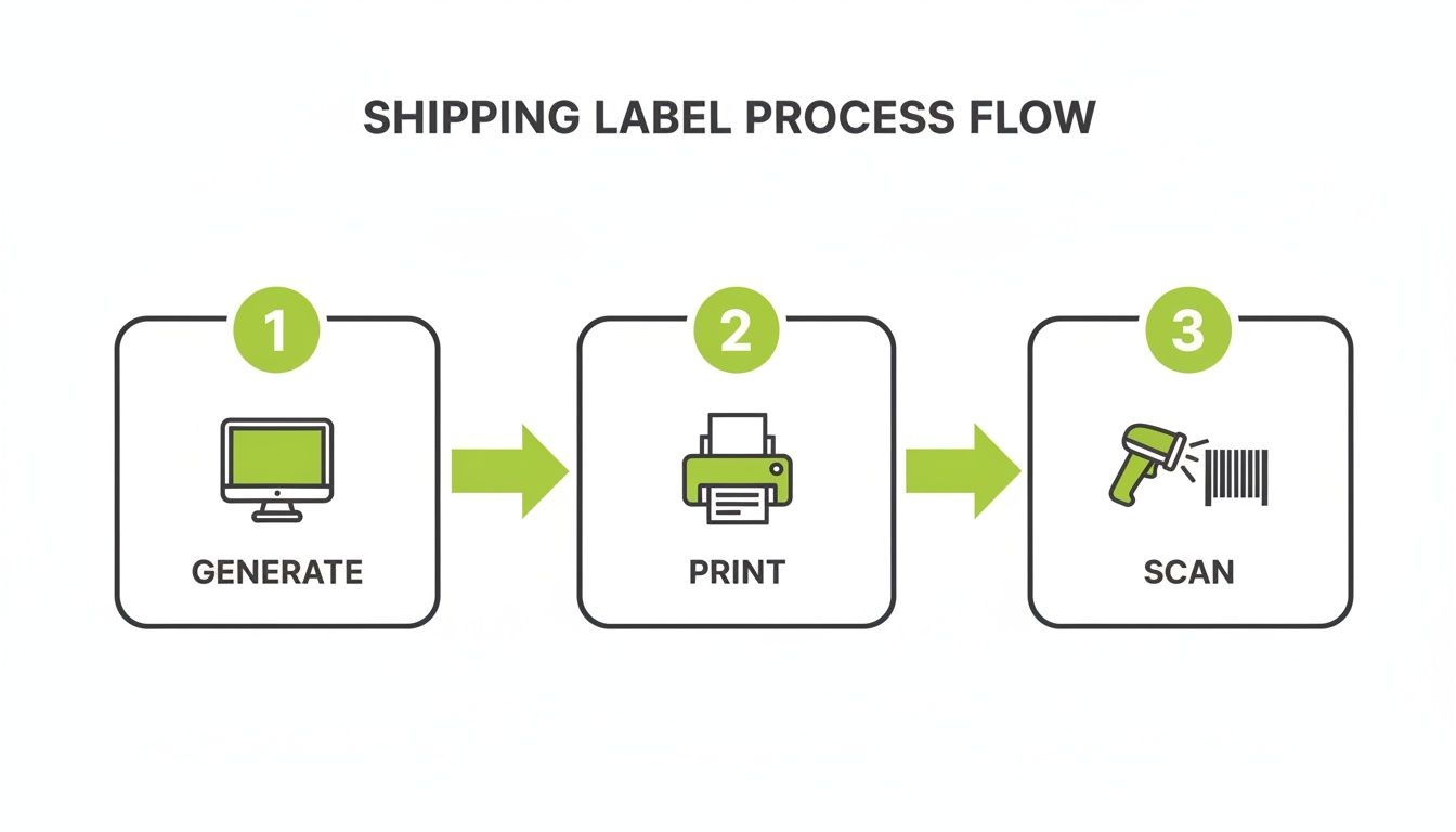 Diagram showing the shipping label process: generate on computer, print with printer, and scan barcode.