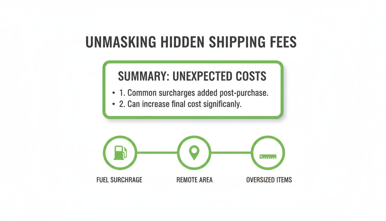 Infographic detailing hidden shipping fees and common surcharges for fuel, remote areas, and oversized items.