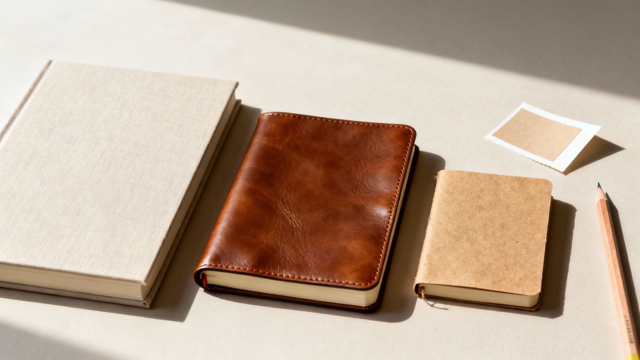 Various notebooks, a pencil, and a note card on a table with sunlight and shadows.