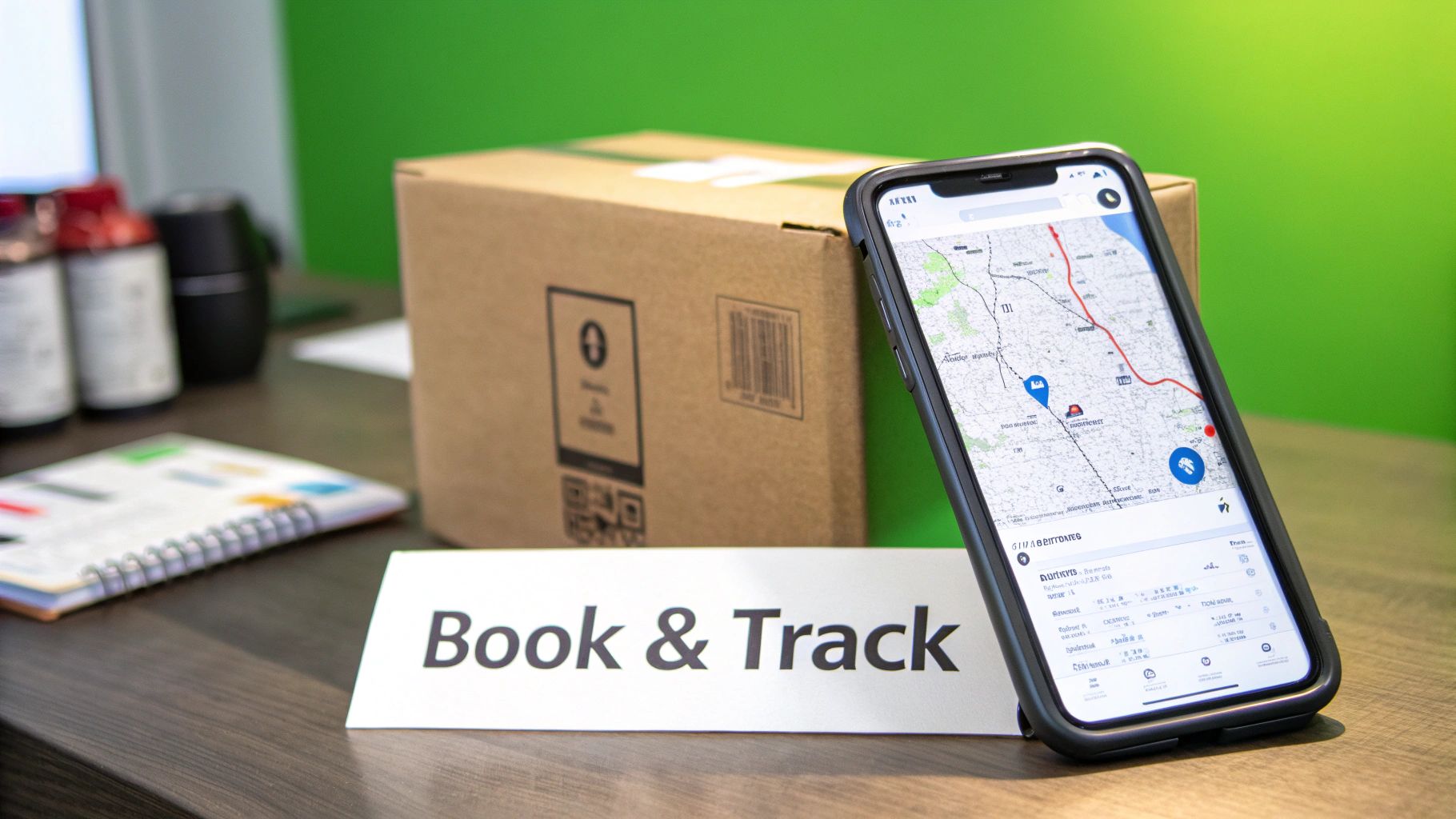 Smartphone displaying a package tracking app next to a cardboard box and 'Book & Track' sign.
