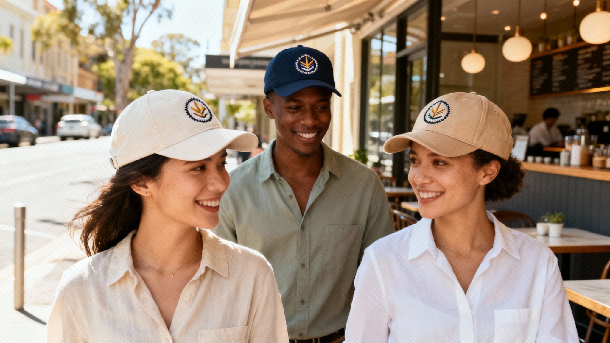 Smiling friends wear custom embroidered caps while walking down a bustling city street.