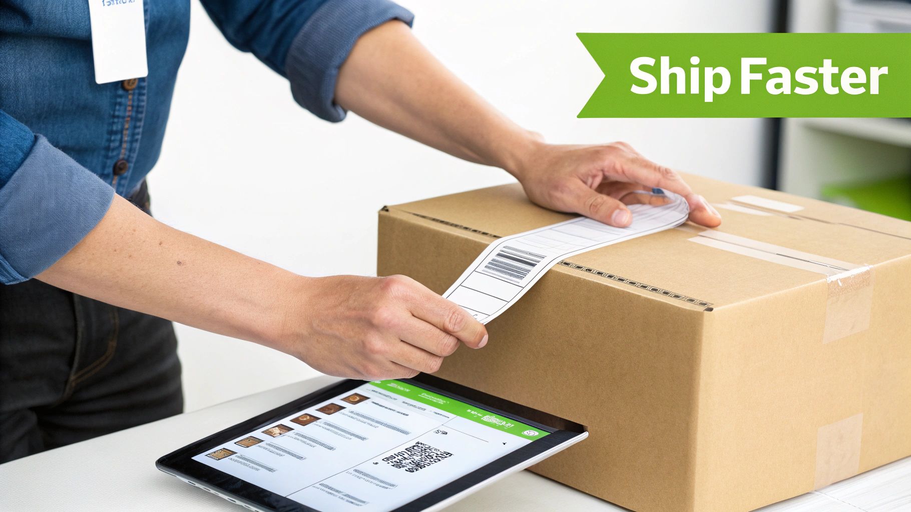 Hands applying a shipping label to a package, a tablet displays shipping information.