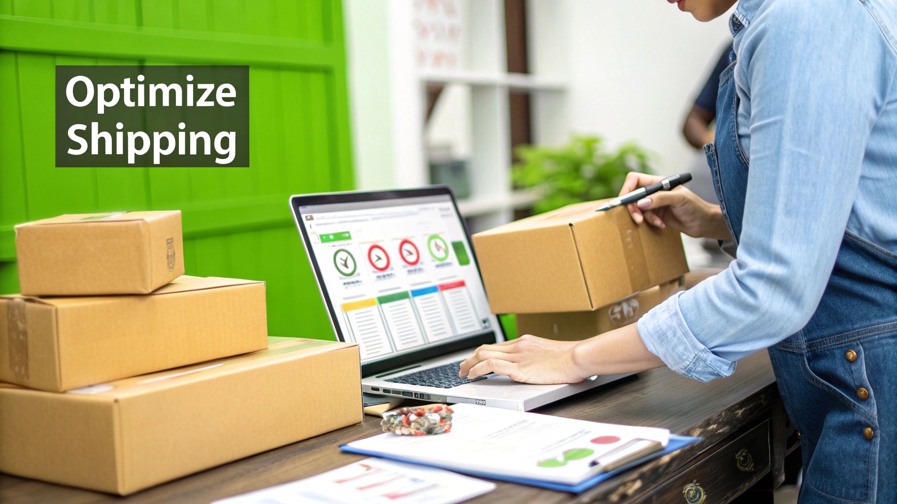 A person optimizing shipping, marking a package, surrounded by cardboard boxes and a laptop displaying logistics software.