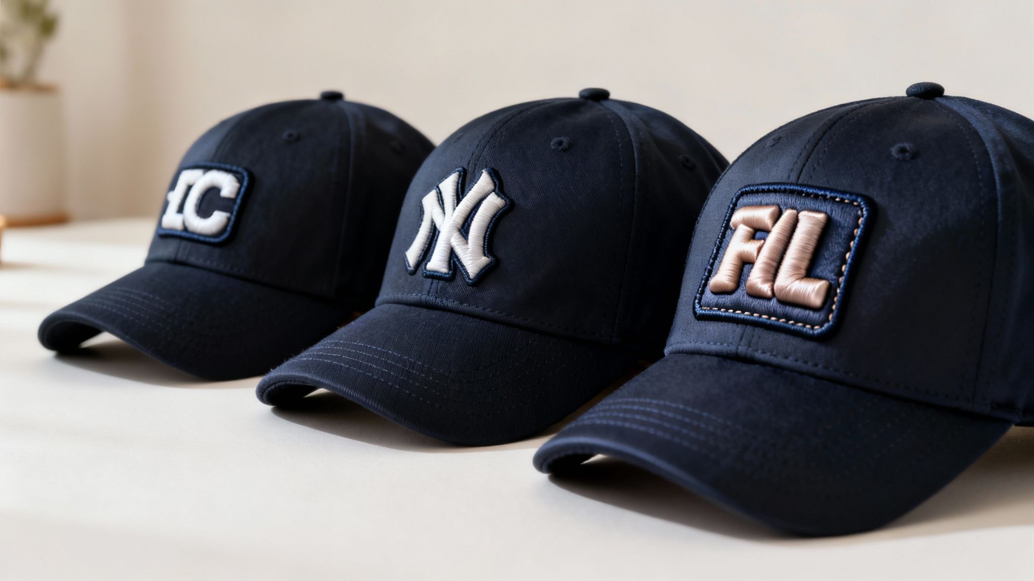 Three dark blue baseball caps with distinct embroidered logos: 'IC', 'NY', and 'FIL'.