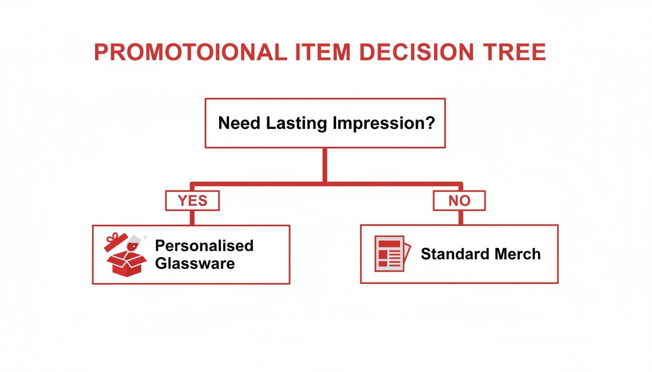 A decision tree for promotional items, suggesting personalised glassware for lasting impressions.