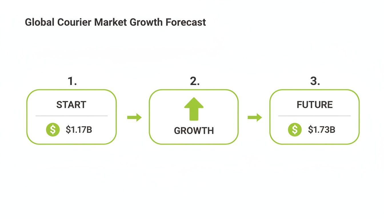 Global courier market growth forecast, showing an increase from $1.17 billion to $1.73 billion.