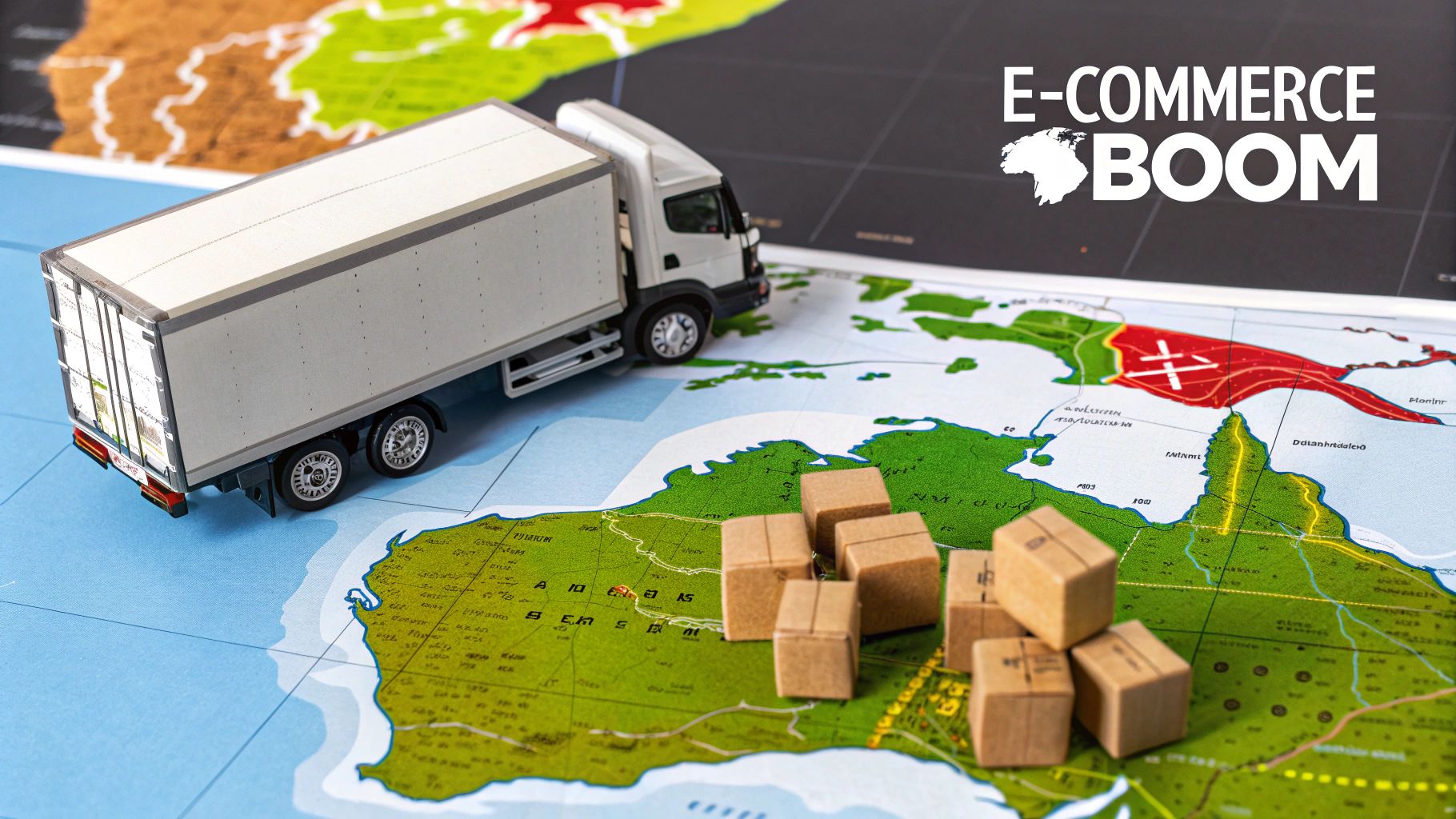 A courier driver scanning a package with a warehouse in the background, representing the logistics of the Australian courier market