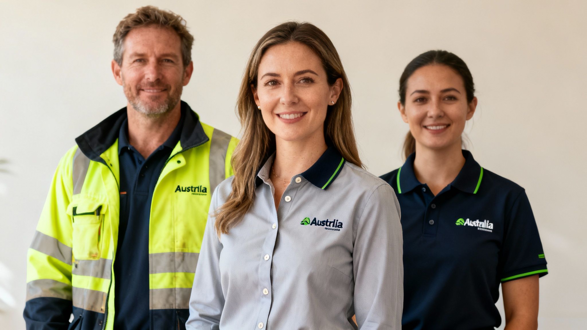 Three smiling employees, a man in a high-vis jacket and two women in polo shirts, all wearing Austrlia branded workwear.