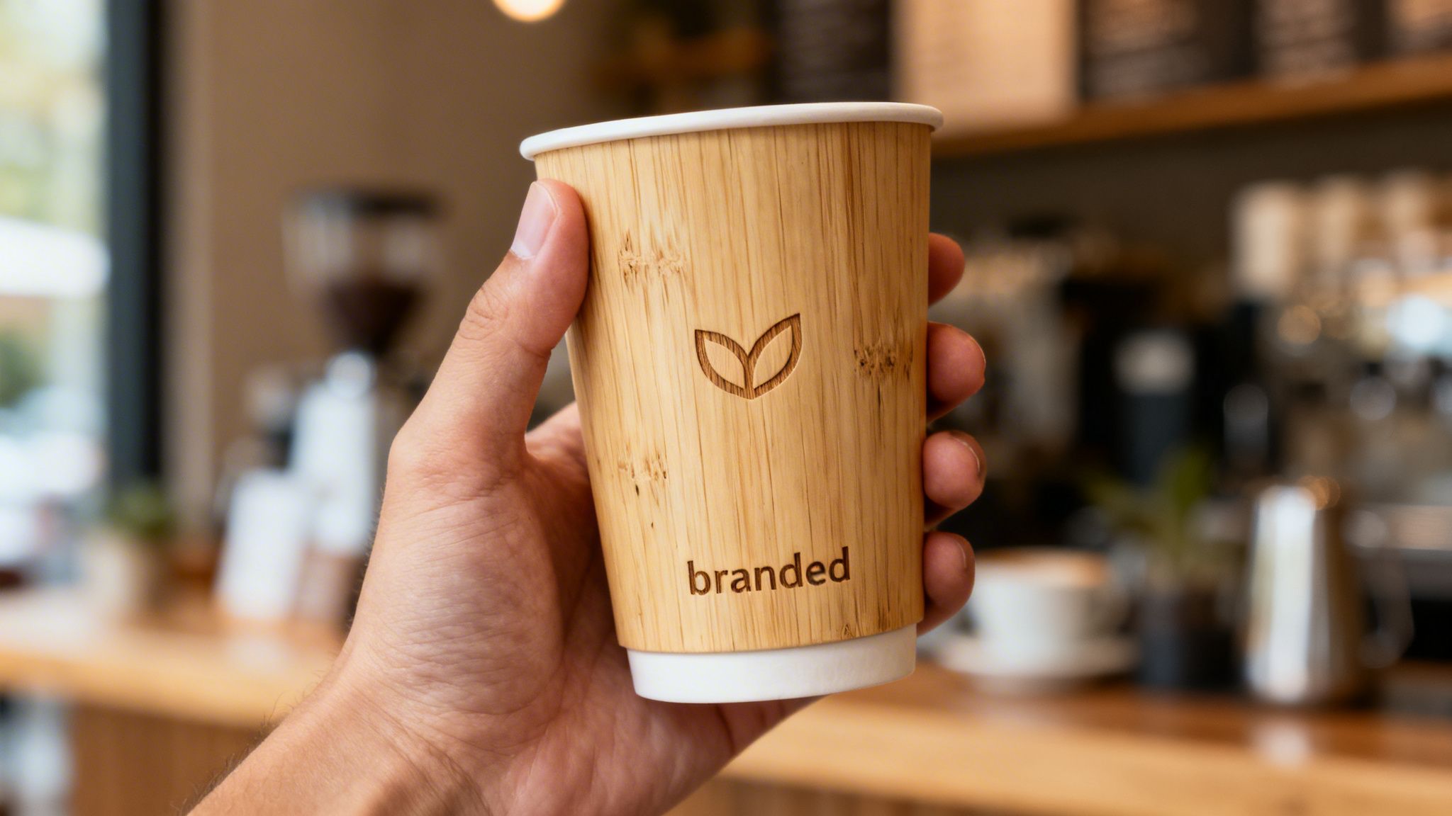 A hand holds an eco-friendly branded bamboo reusable coffee cup in a cafe.