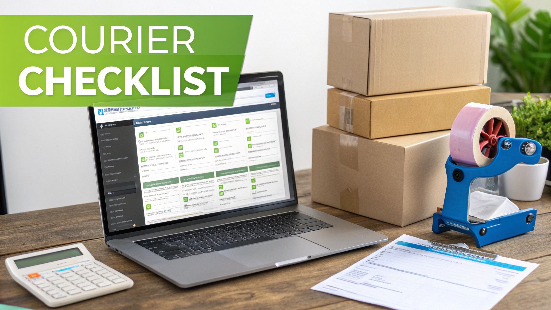 A desk with a laptop displaying a courier checklist, stacked cardboard boxes, tape dispenser, and calculator, ready for shipping.