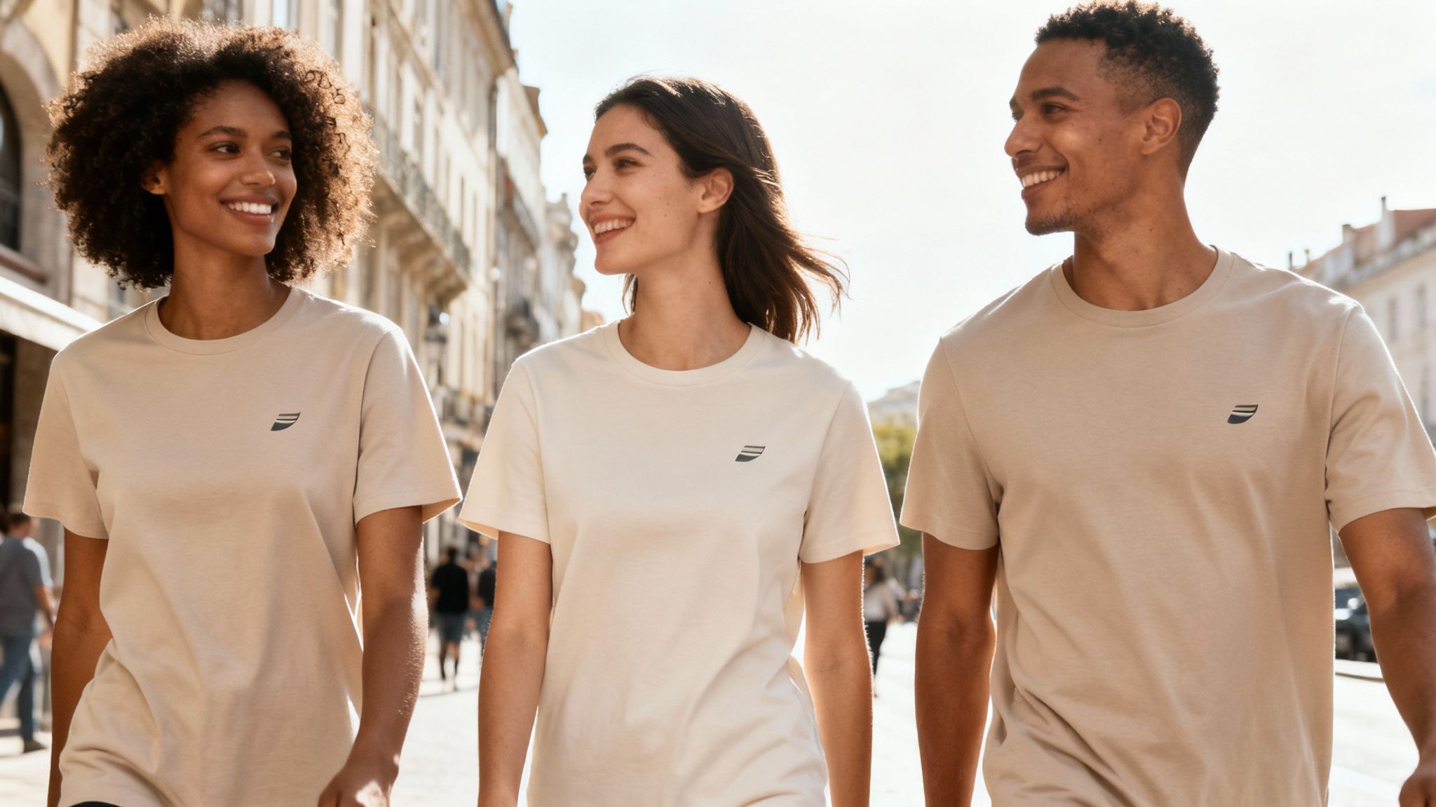 Three smiling young adults wearing branded beige t-shirts walk confidently down a sunny street.