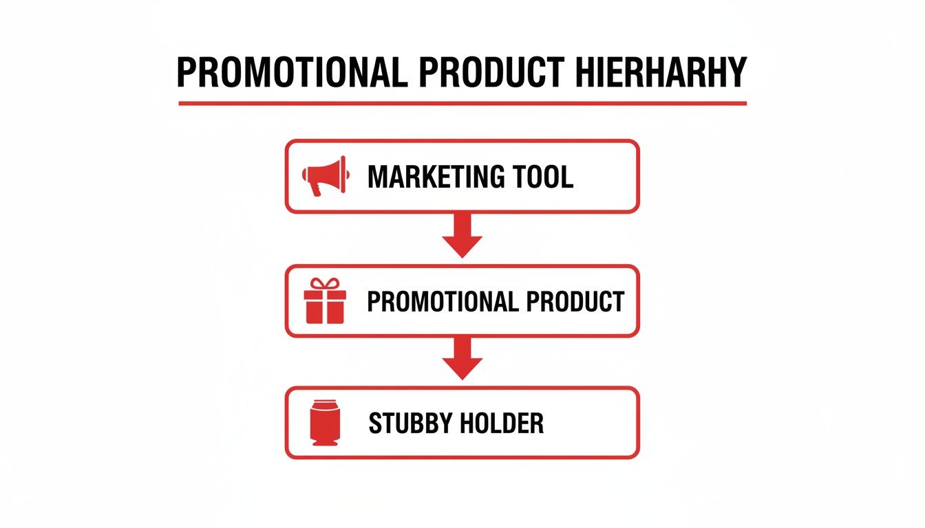 Hierarchy diagram showing stubby holders as a promotional product and marketing tool.