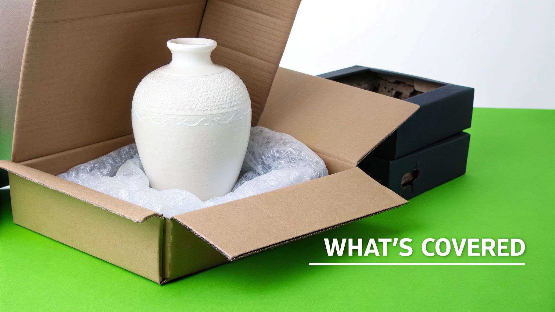 Delicate white vase safely packaged with bubble wrap in a brown cardboard box on a green surface.