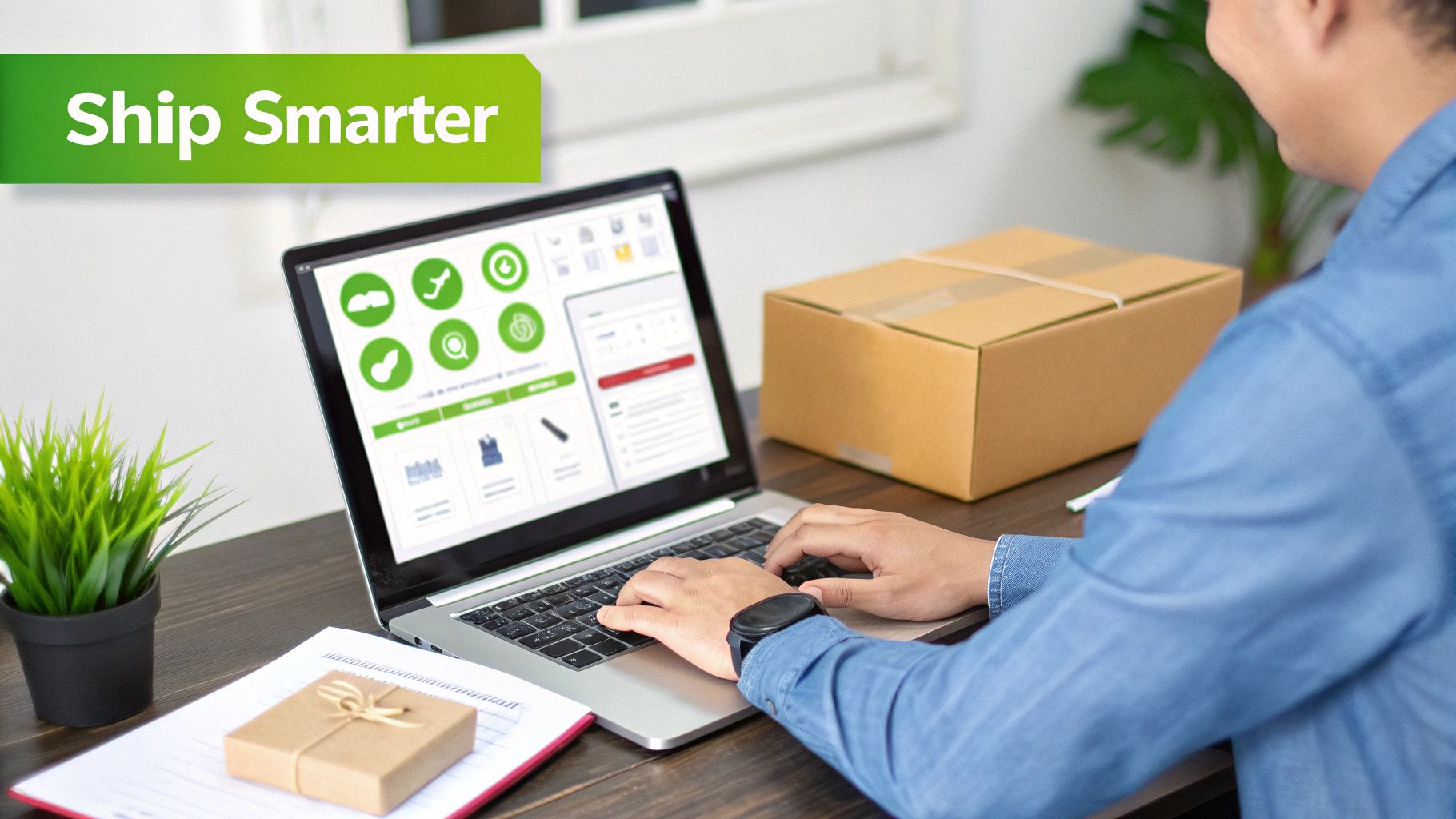 A person ships packages using a laptop with a modern shipping interface, next to boxes.