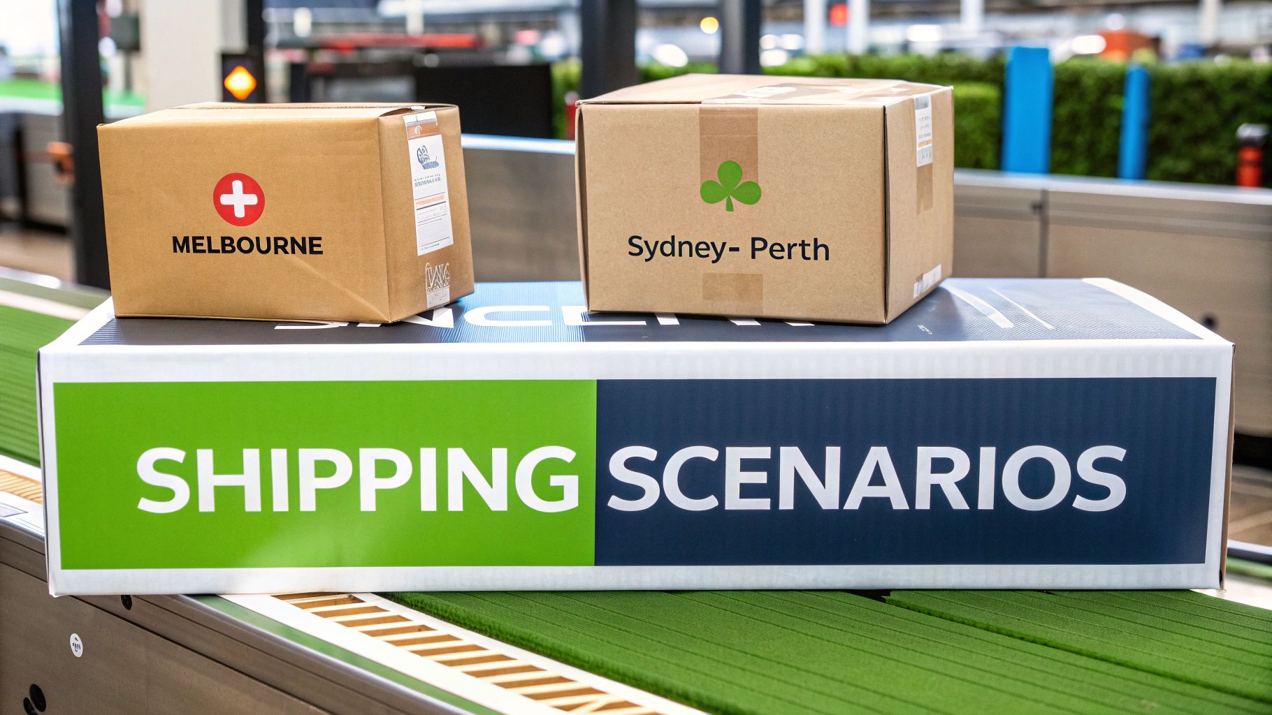 Two cardboard shipping boxes on a larger box labeled 'Shipping Scenarios' on a conveyor belt.