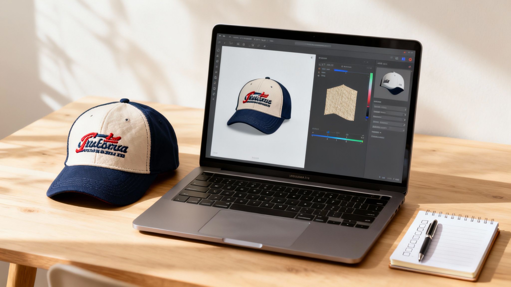 Customized two-tone baseball cap on a desk with a laptop displaying its 3D design.