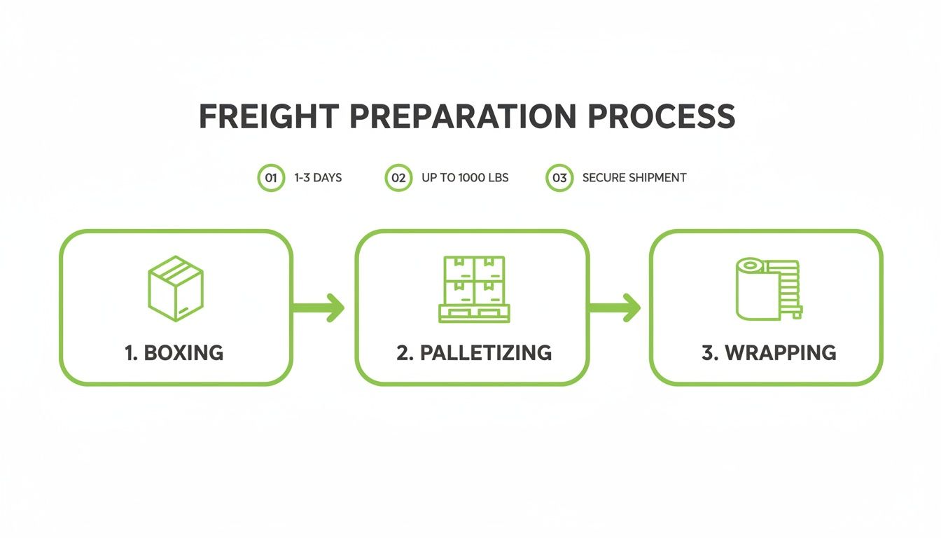 A visual guide illustrating the freight preparation process with steps: boxing, palletizing, and wrapping.