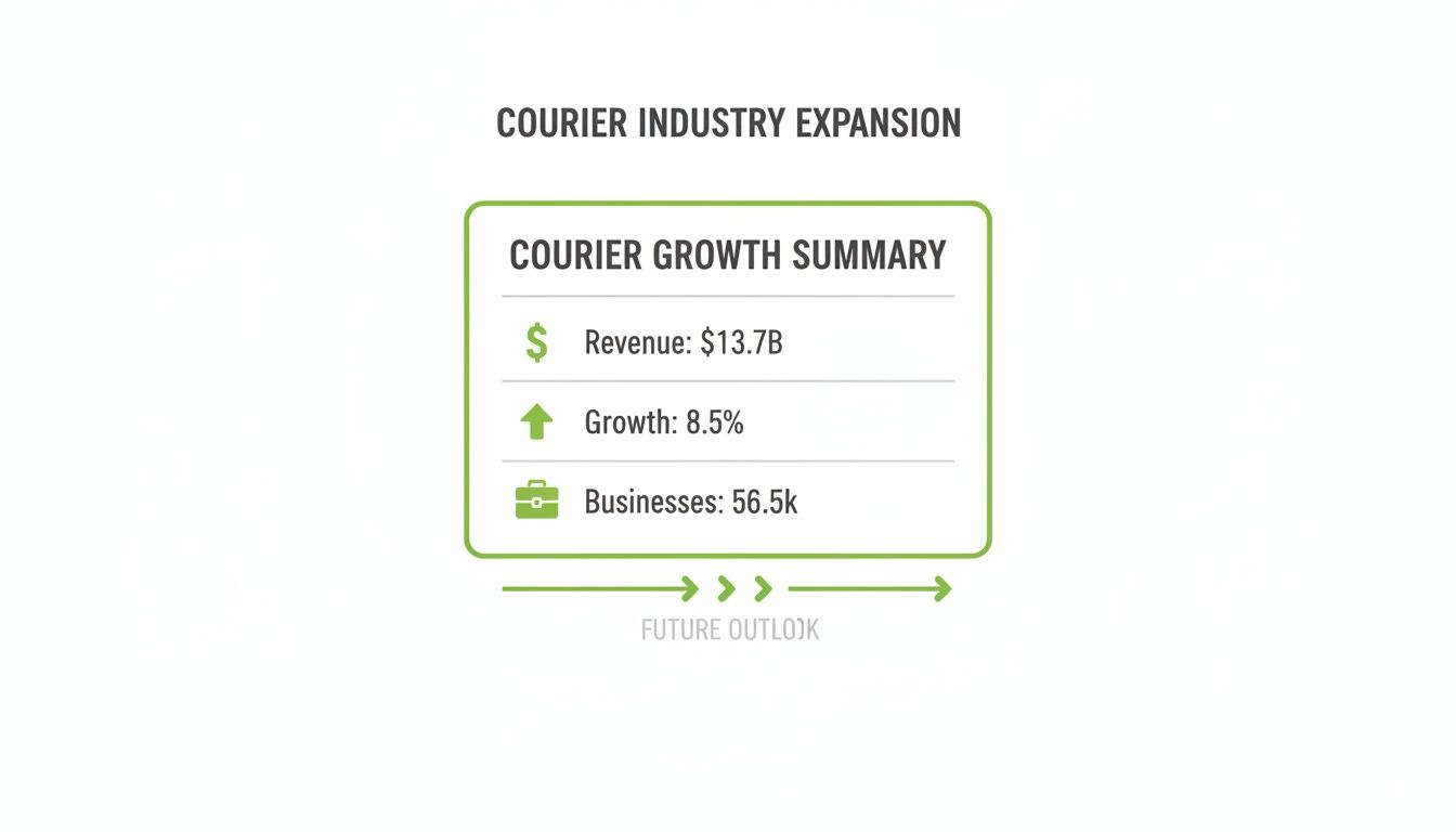 An infographic summarizing courier industry expansion, displaying key metrics like revenue, growth, and number of businesses.