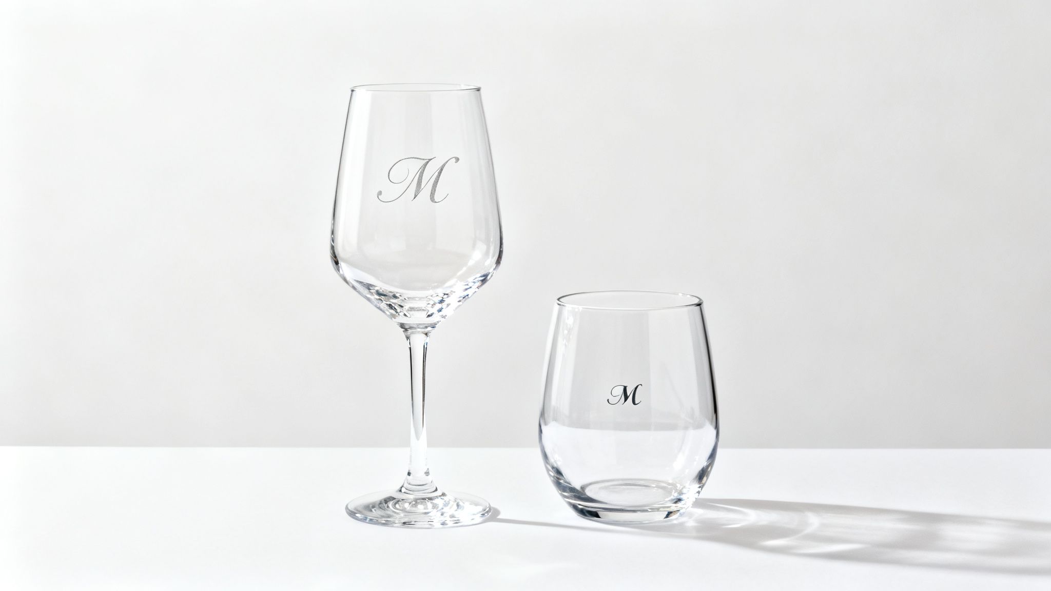 Personalized stemmed and stemless wine glasses with 'M' engraving, on a clean white background.