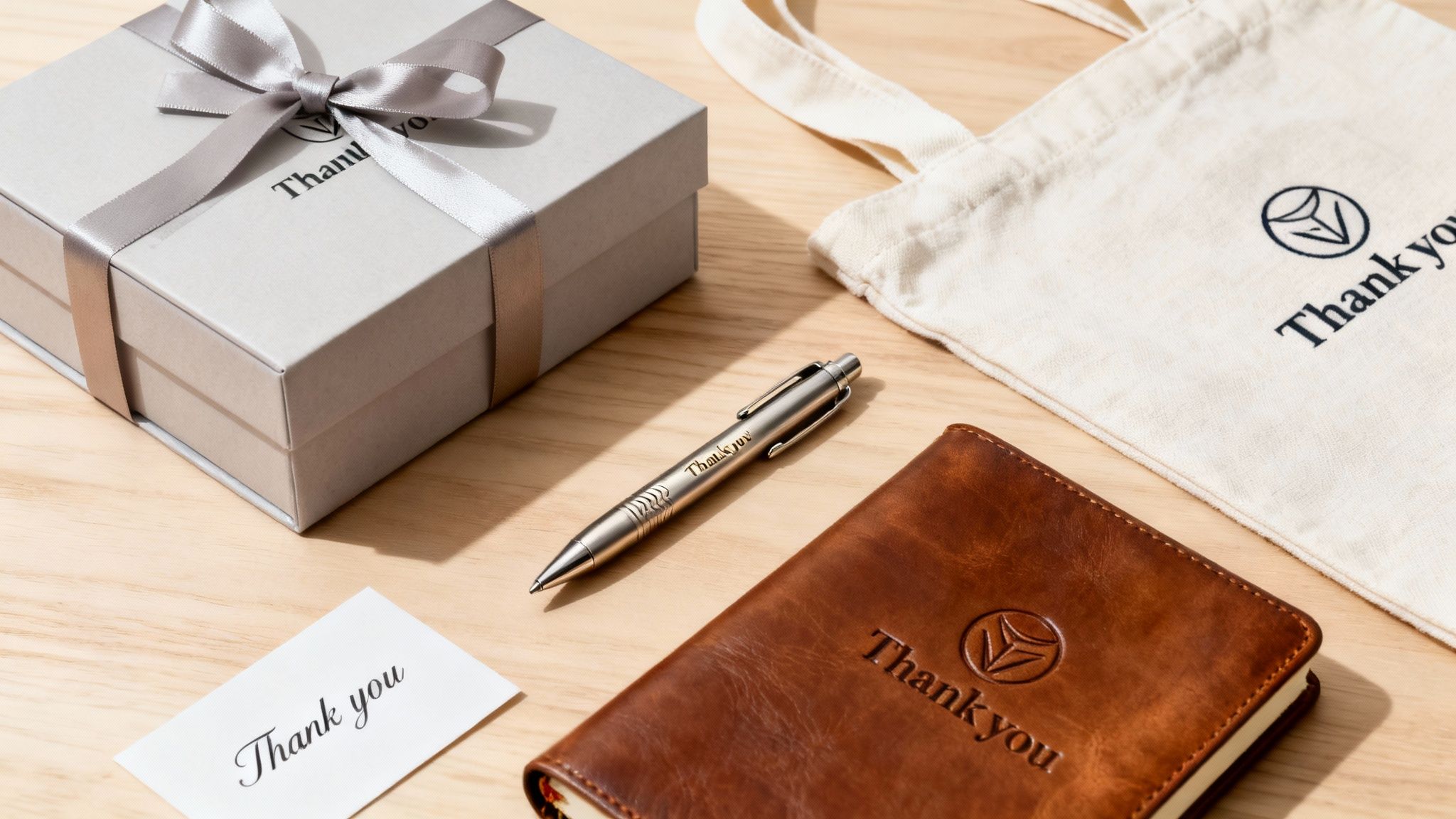Corporate appreciation gifts including a thank-you box, pen, notebook, tote bag, and card.