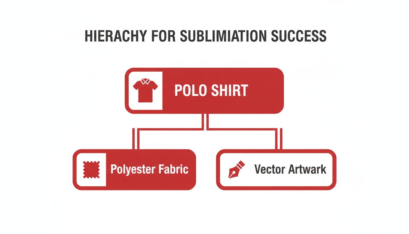A red and white hierarchy chart illustrates key factors for successful sublimation, focusing on polo shirts.
