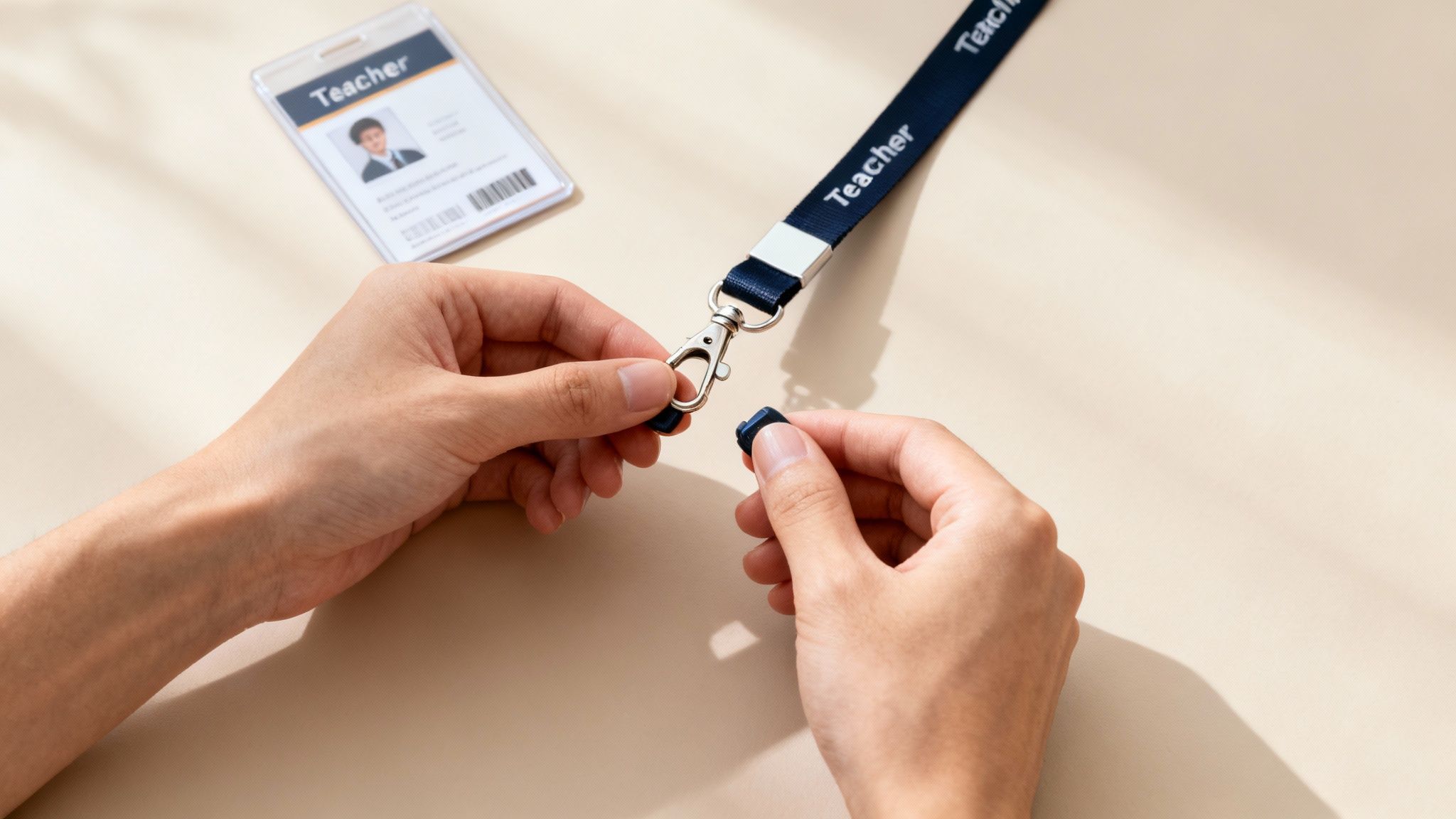 Person's hands attaching a blue clip to a silver hook on a navy 'Teacher' lanyard.