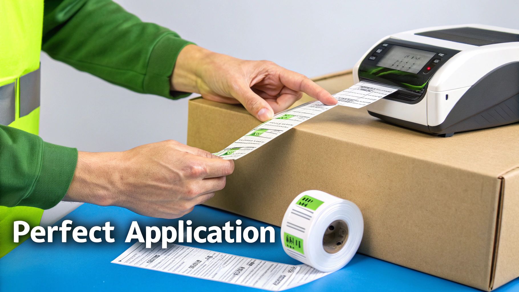 Hands applying a continuous strip of green and white shipping labels from a printer onto a brown box.