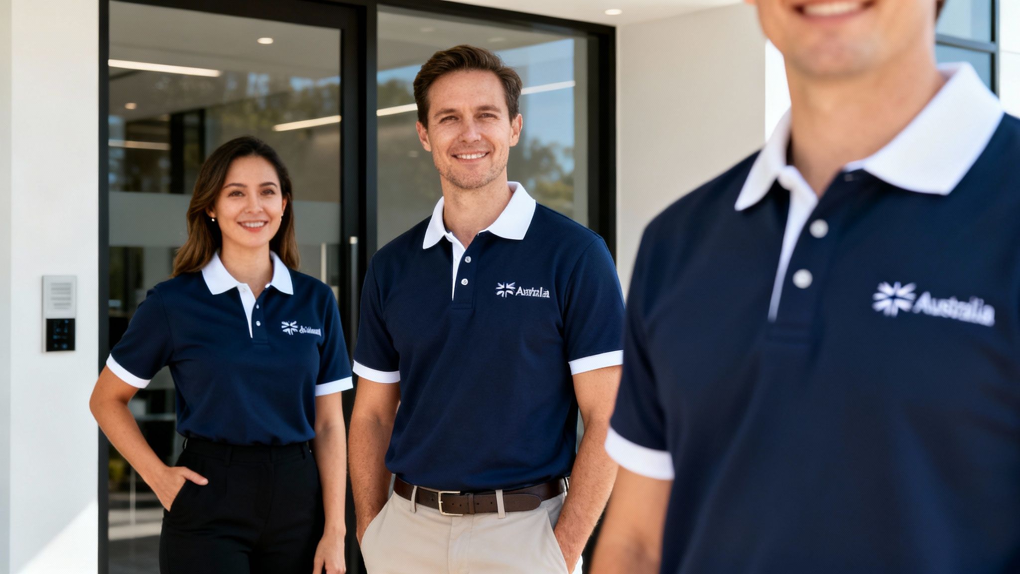 Three smiling professionals wearing navy blue polo shirts with 'Australia' logo outside an office.