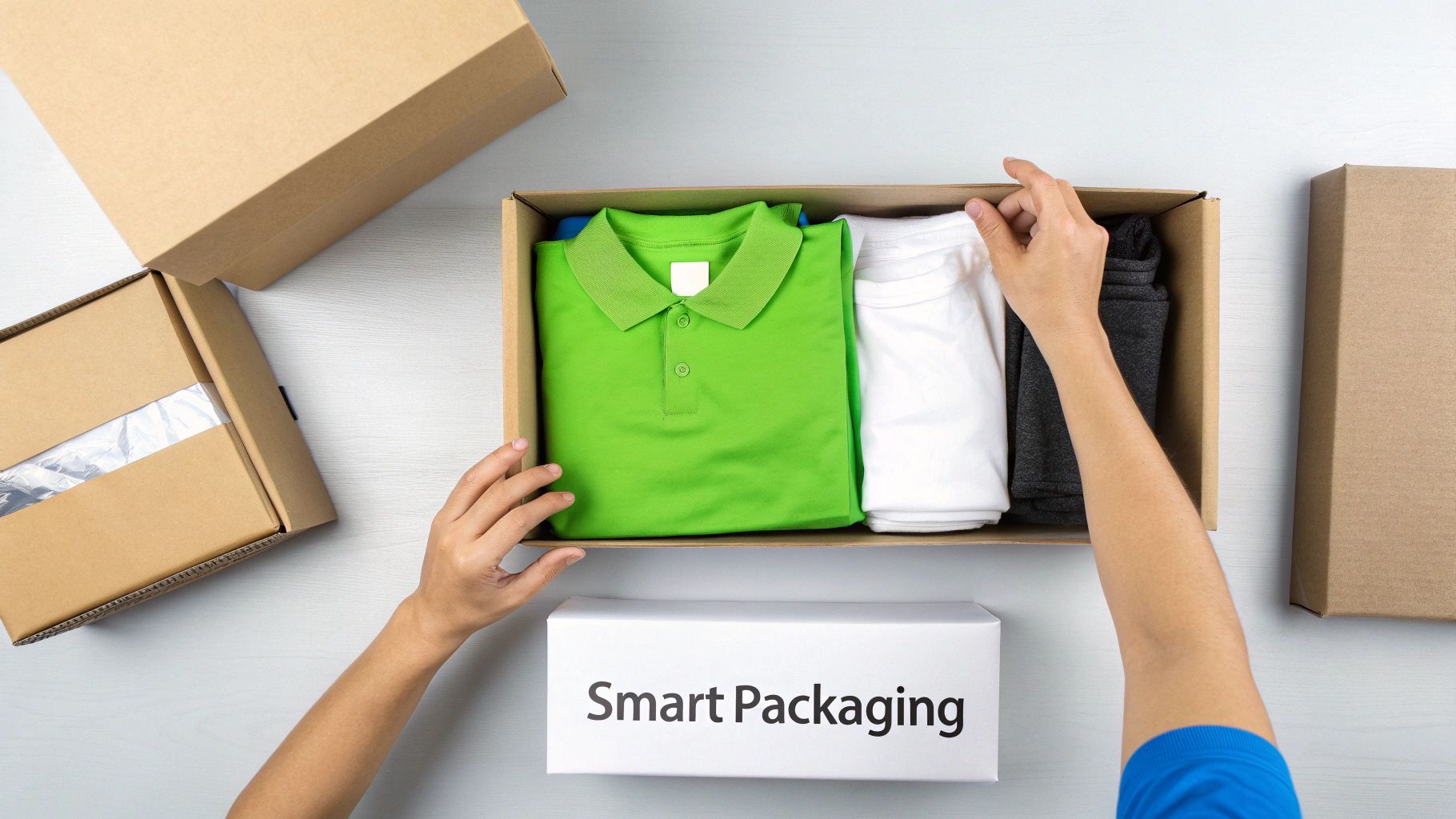 Two hands neatly fold and pack clothes into a brown shipping box, surrounded by other cartons.