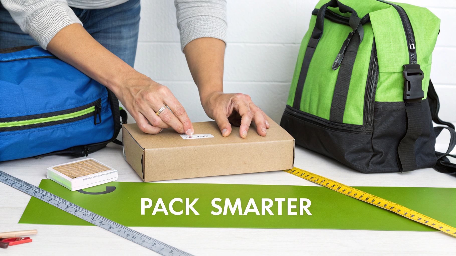 A person carefully placing an item into a perfectly sized cardboard box with protective filling.