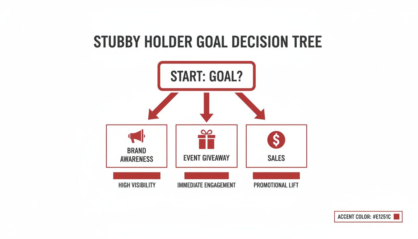 A Stubby Holder Goal Decision Tree illustrating three primary goals: Brand Awareness, Event Giveaway, and Sales.