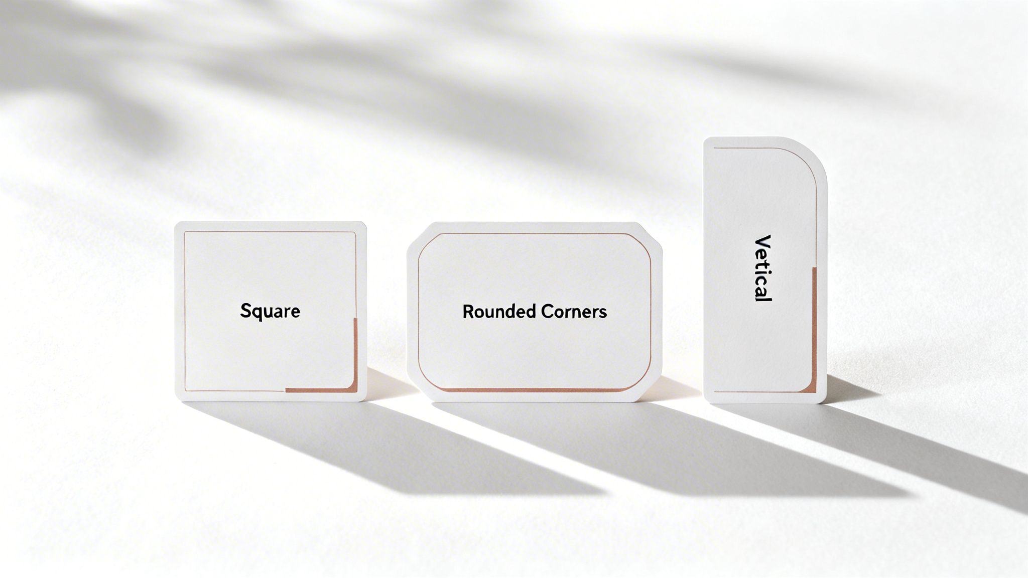 Three white cards showcasing different business card shapes: square, rounded corners, and vertical designs.