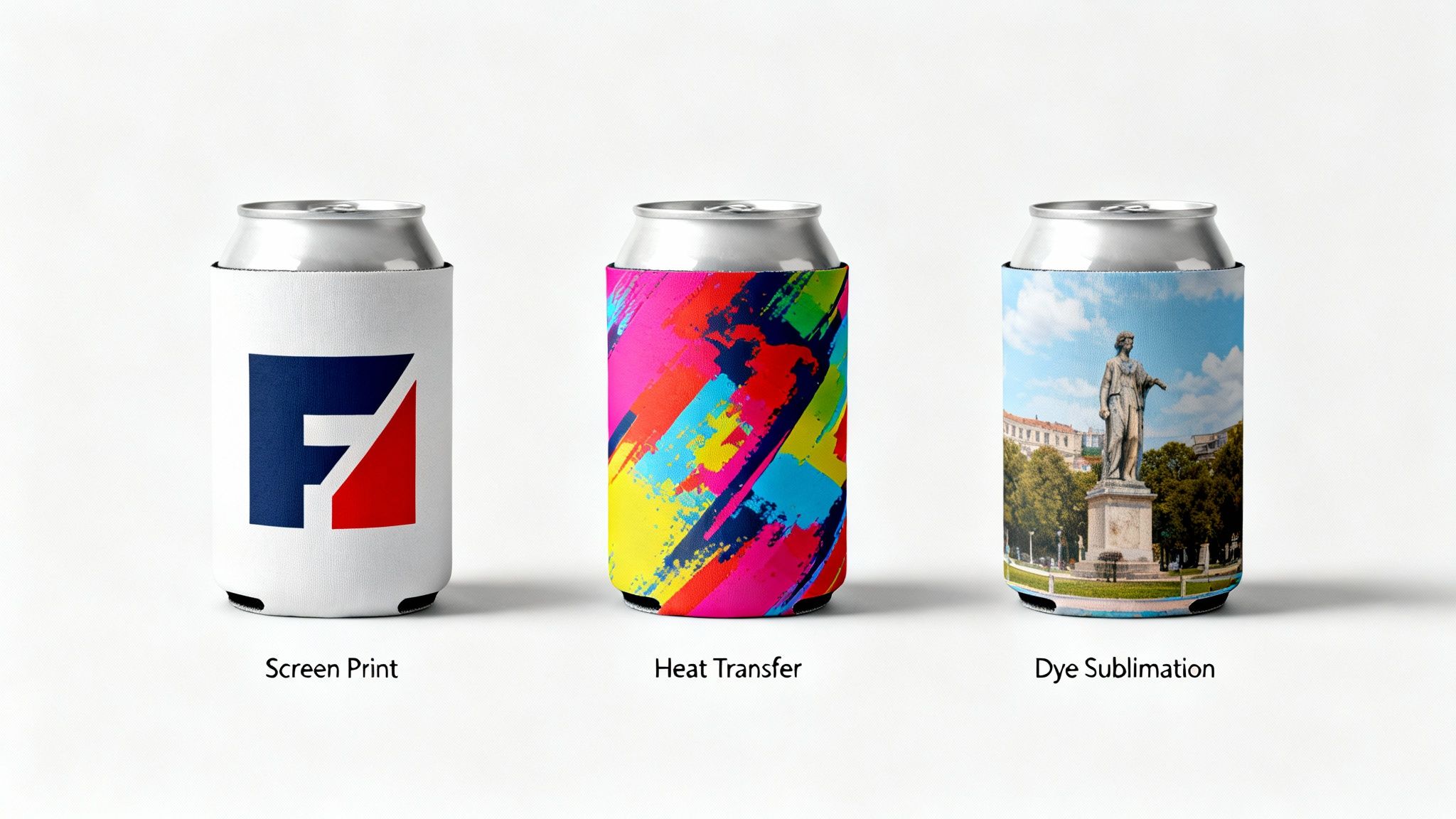 Three custom stubby holders showcasing screen print, heat transfer, and dye sublimation techniques.