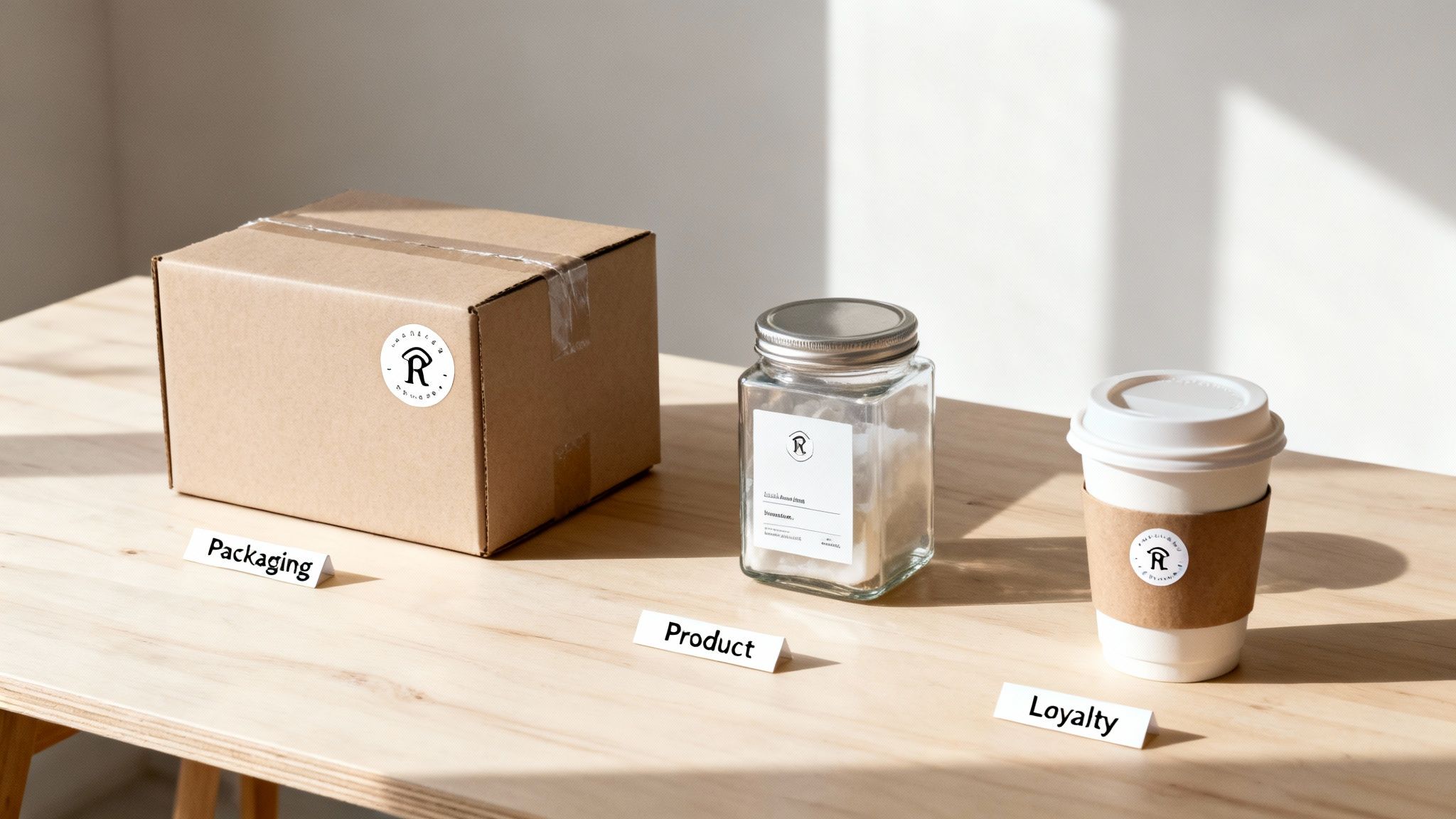 Branded custom stickers on a packaging box, a product jar, and a coffee cup for loyalty.