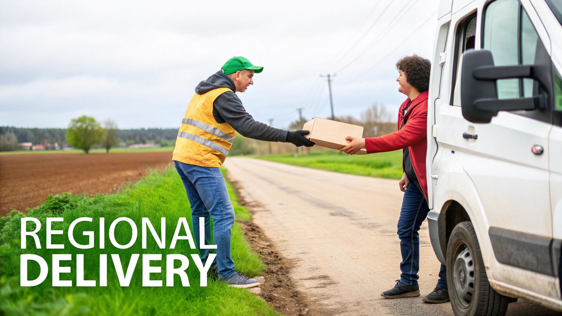 A delivery van driving through the scenic but vast Australian outback.